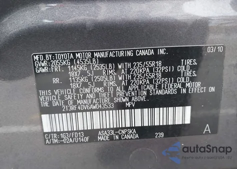 2010 Toyota Rav4 Sport из США, поврежденный, VIN 2T3RF4DV6AW043533